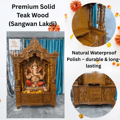 Intricate carved wooden mandir crown with traditional floral detailing