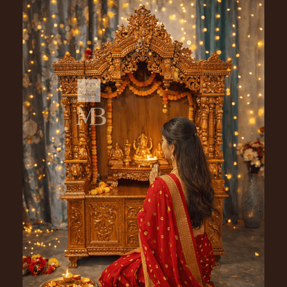 Wooden pooja mandir prayer area with raised wooden chowki