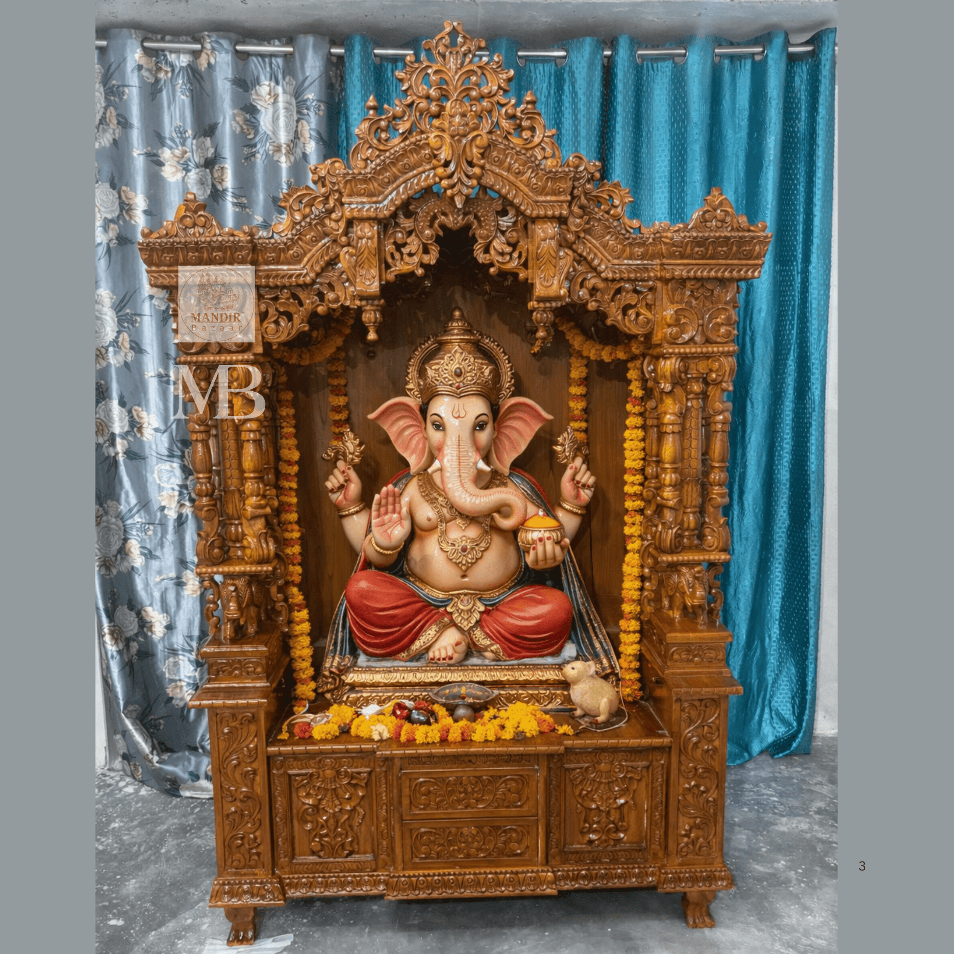 Wooden mandir with three drawers and side storage cabinets