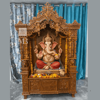 Wooden mandir with three drawers and side storage cabinets