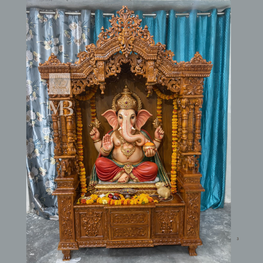 Wooden mandir with three drawers and side storage cabinets