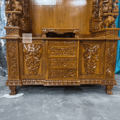 Intricate carved wooden mandir crown with traditional floral detailing
