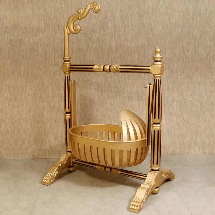 Golden Finshed Dawn Teak Wooden Handmade Cradle Mandir Bazaar