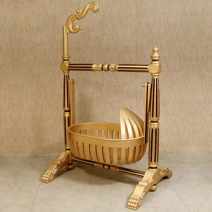 Golden Finshed Dawn Teak Wooden Handmade Cradle Mandir Bazaar