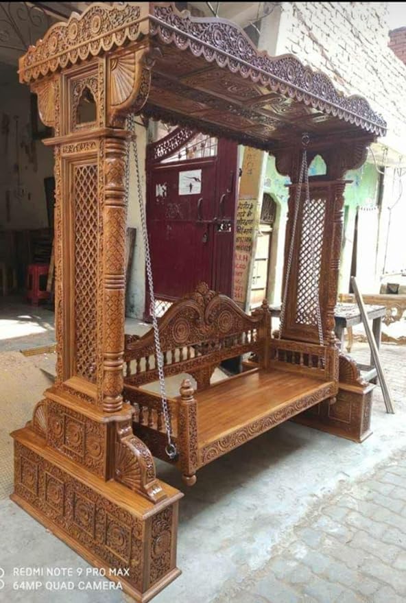Hand carved teak wood swing chair with walnut and honey finish