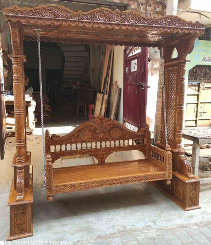 Solid teak wood luxury wooden Jhula with handcrafted carving