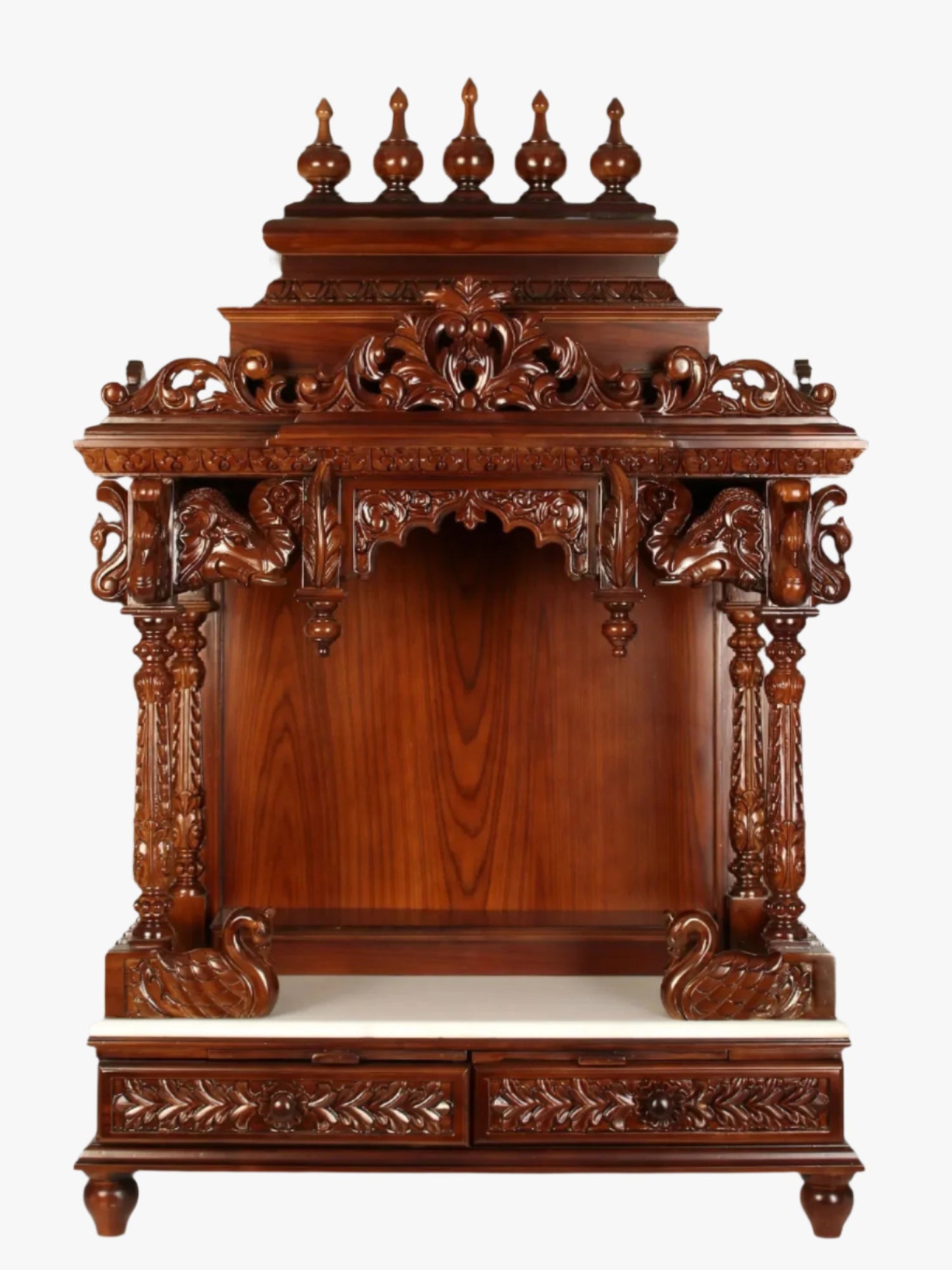 Teak wood pooja mandir with double storage drawers