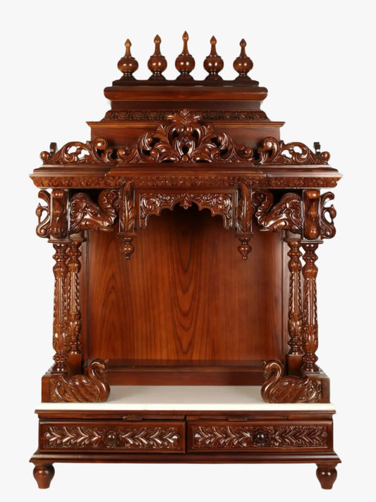 Teak wood pooja mandir with double storage drawers