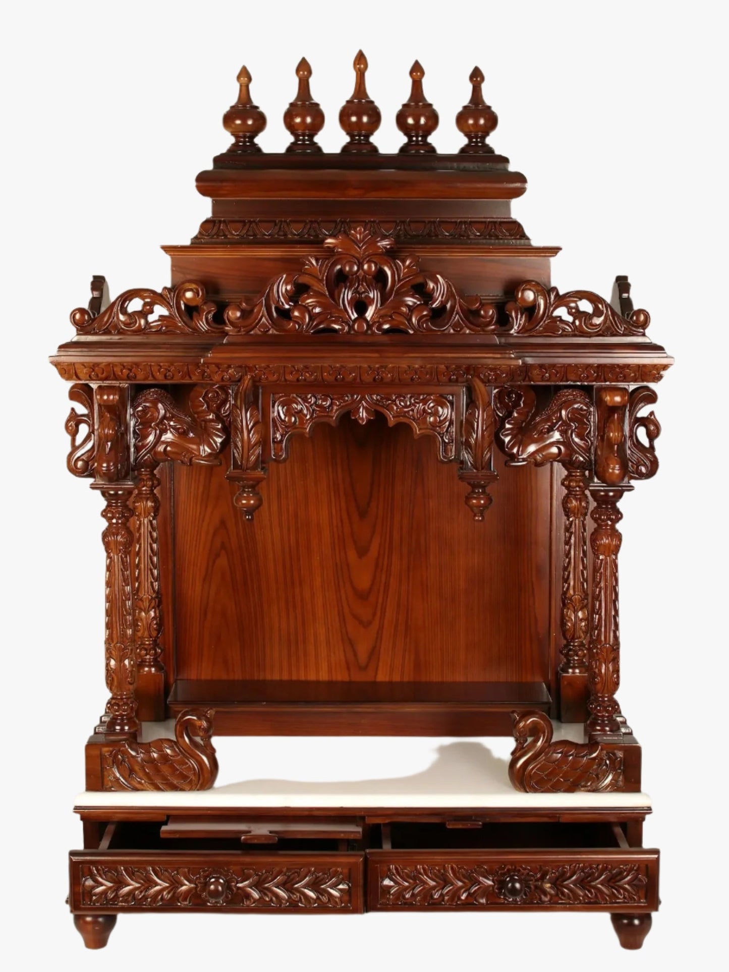 Hand carved teak wood temple for home with marble base and double drawers