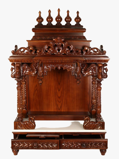 Hand carved teak wood temple for home with marble base and double drawers