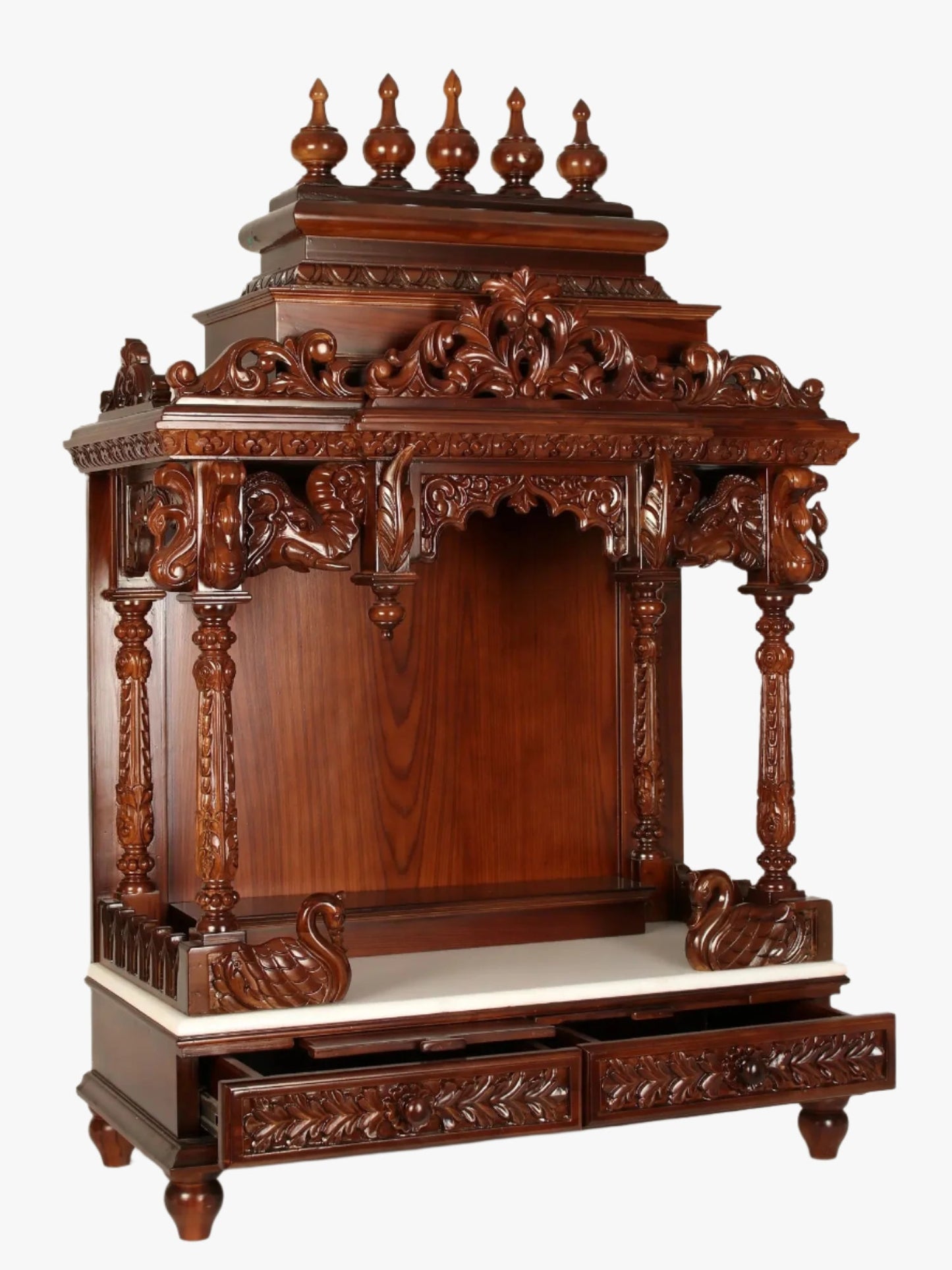 Luxury wooden pooja mandir with marble base and storage