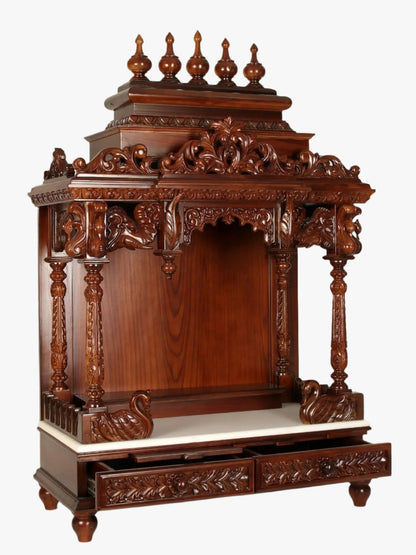Luxury wooden pooja mandir with marble base and storage