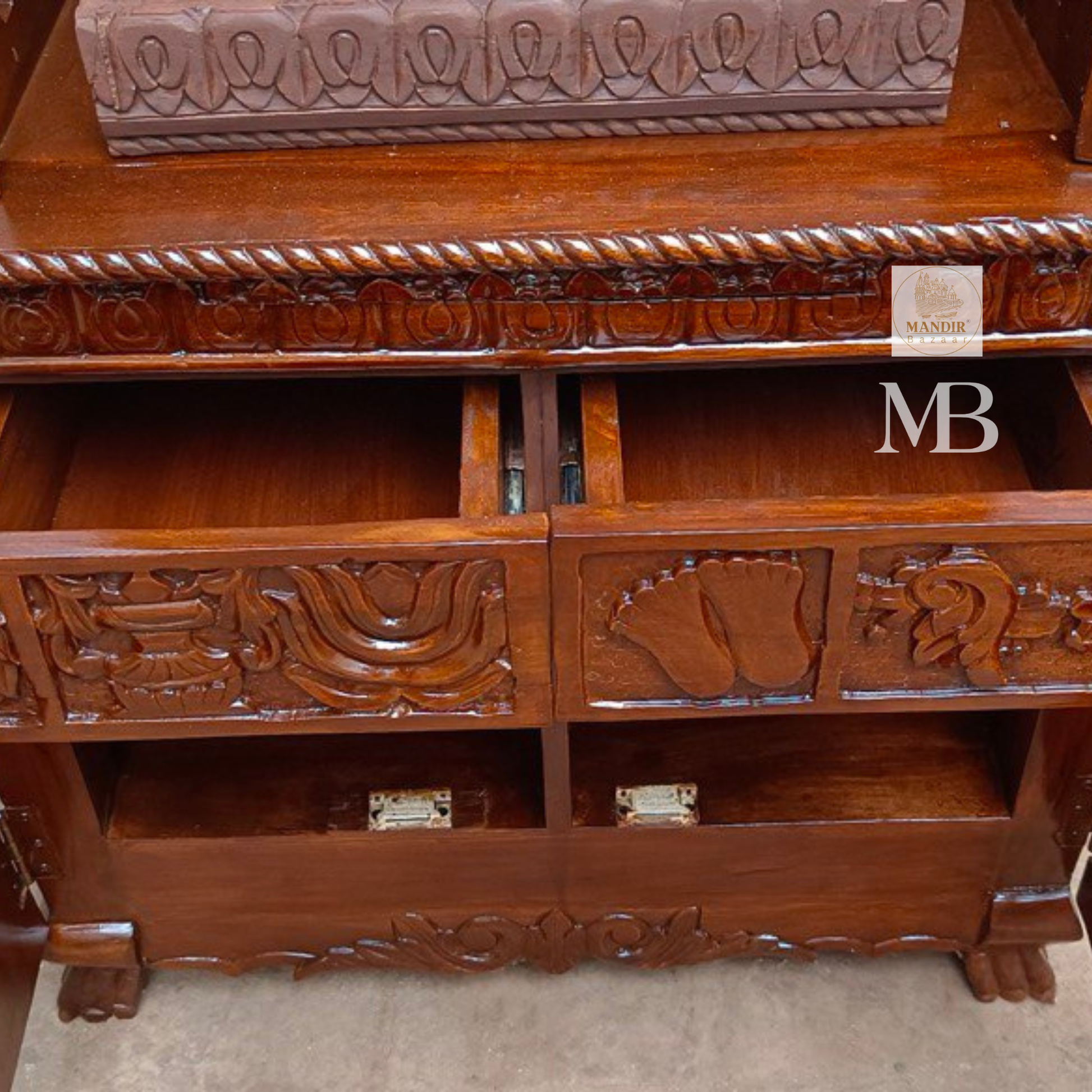 Hand carved wooden mandir for home with enclosed doors and storage cabinet