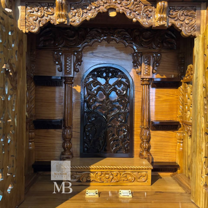 Hand carved wooden mandir for home with traditional shikhar and storage cabinet