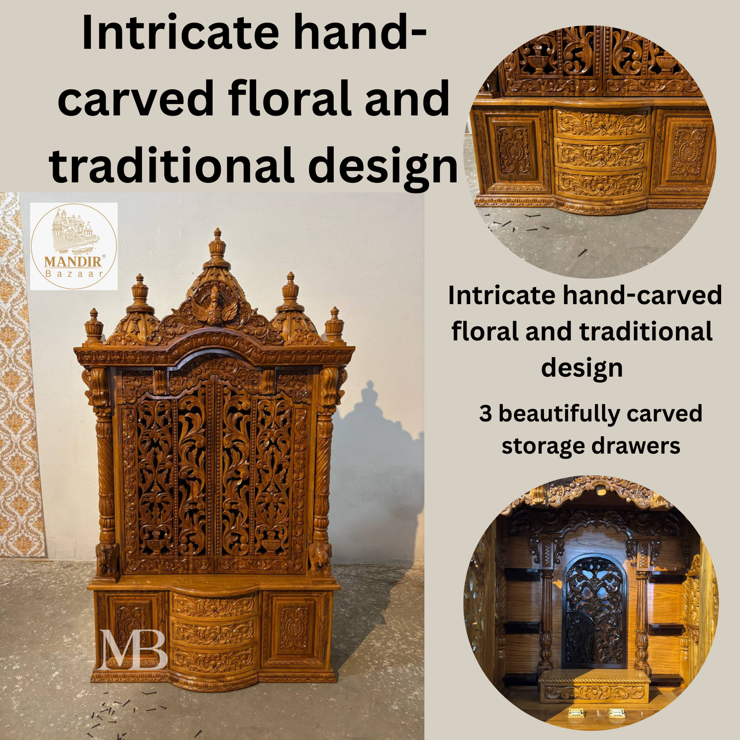 Hand carved wooden mandir for home with traditional shikhar and storage cabinet