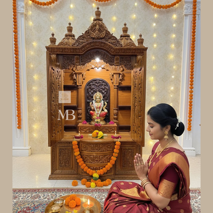Hand carved wooden mandir for home with traditional shikhar and storage cabinet
