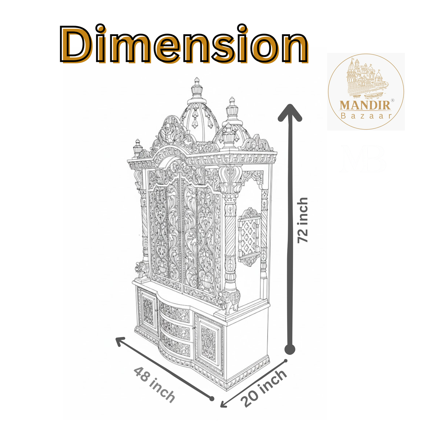 Hand carved wooden mandir for home with traditional shikhar and storage cabinet