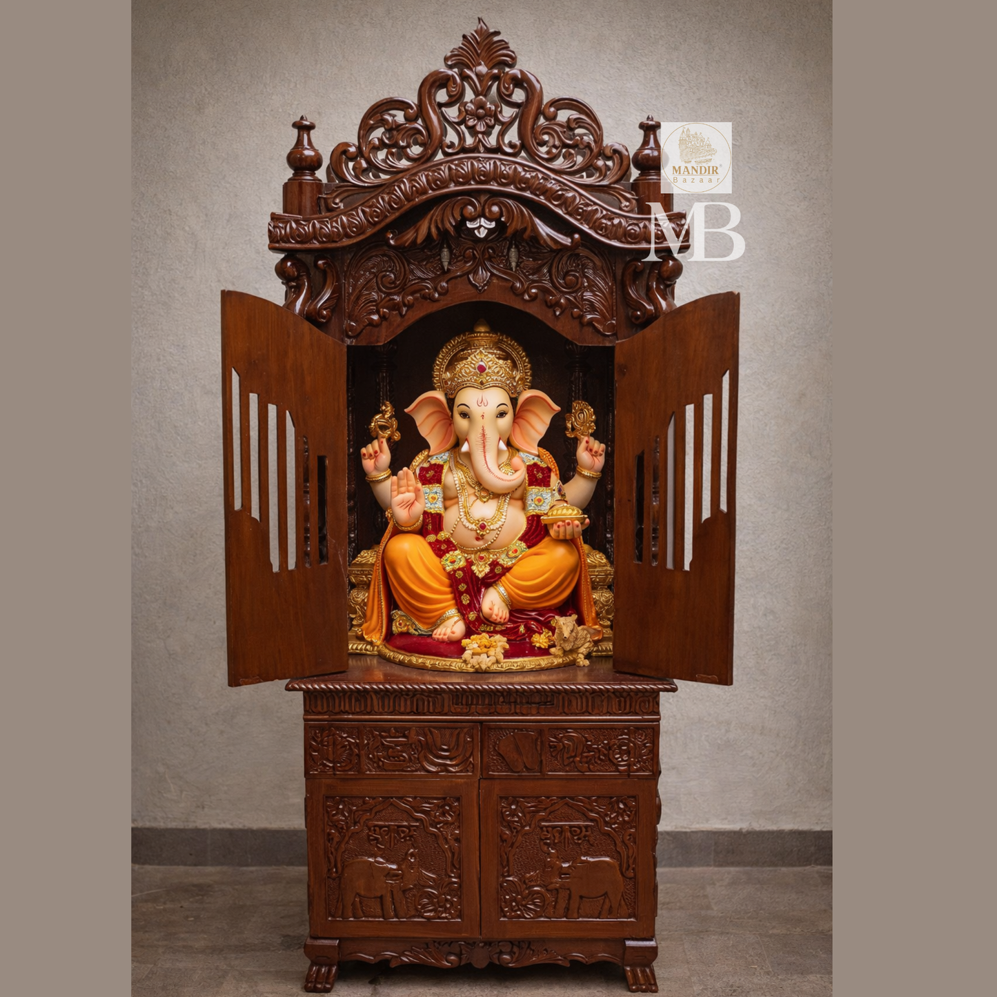 Hand carved wooden mandir for home with enclosed doors and storage cabinet