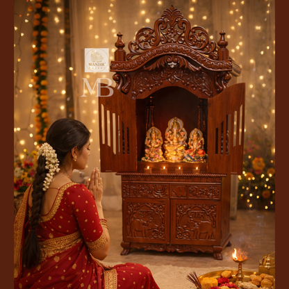 Hand carved wooden mandir for home with enclosed doors and storage cabinet