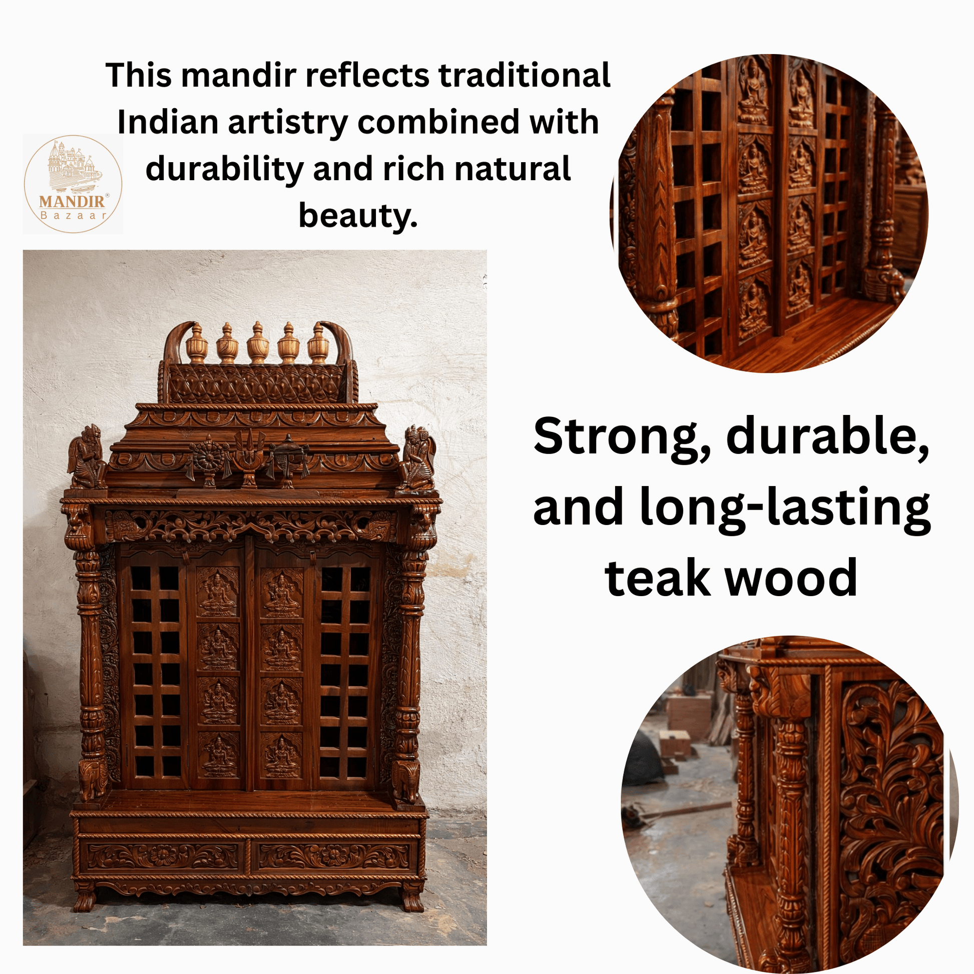 Hand carved wooden pooja mandir doors featuring multiple detailed devotional deity panels