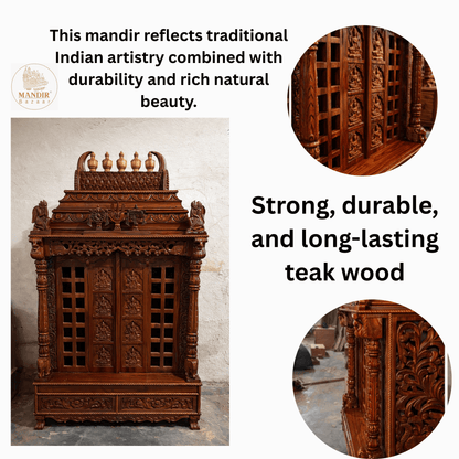 Hand carved wooden pooja mandir doors featuring multiple detailed devotional deity panels