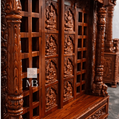 Hand carved wooden pooja mandir doors featuring multiple detailed devotional deity panels