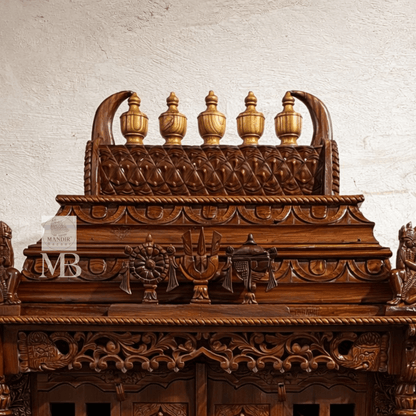 Hand carved wooden pooja mandir doors featuring multiple detailed devotional deity panels