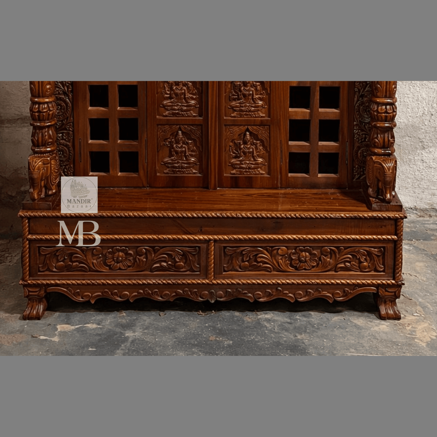 Hand carved wooden pooja mandir doors featuring multiple detailed devotional deity panels