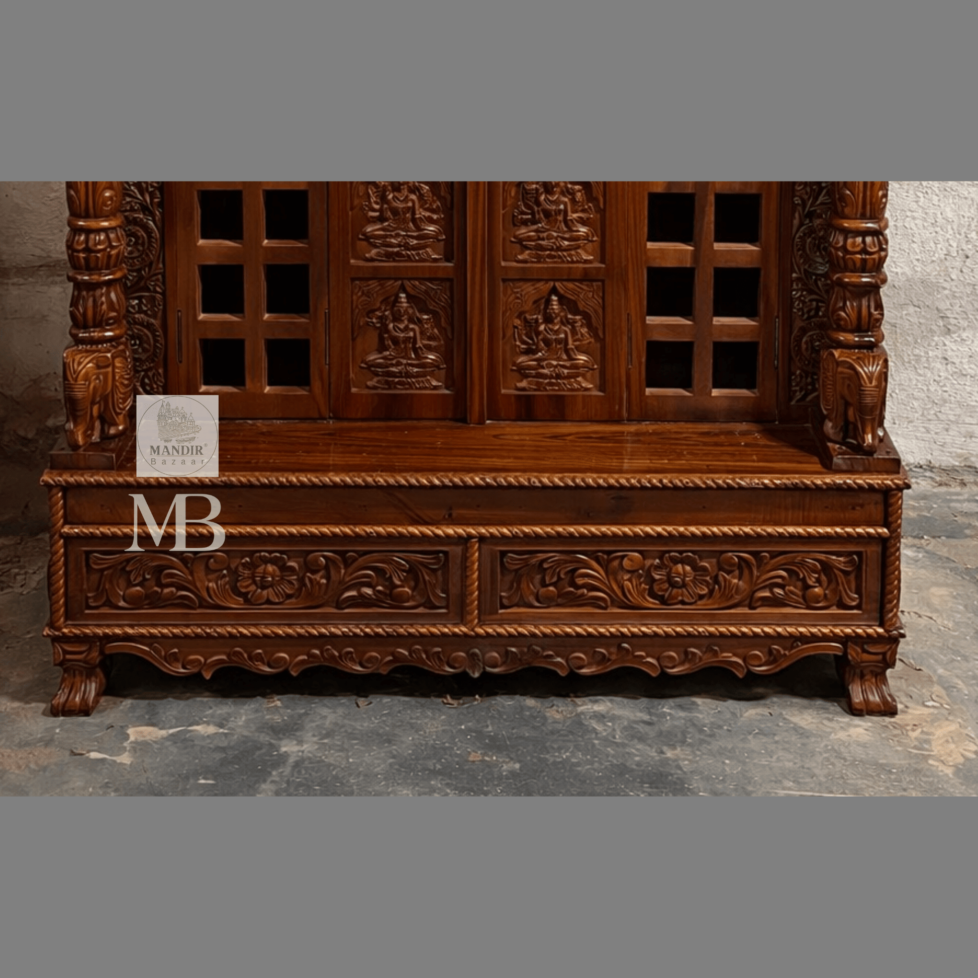 Hand carved wooden pooja mandir doors featuring multiple detailed devotional deity panels