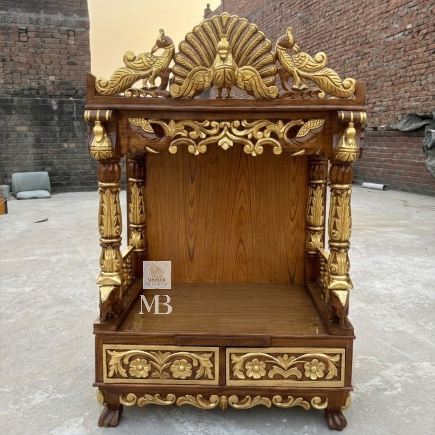 Hand carved wooden pooja mandir in rich brown finish with golden detailing and peacock crown