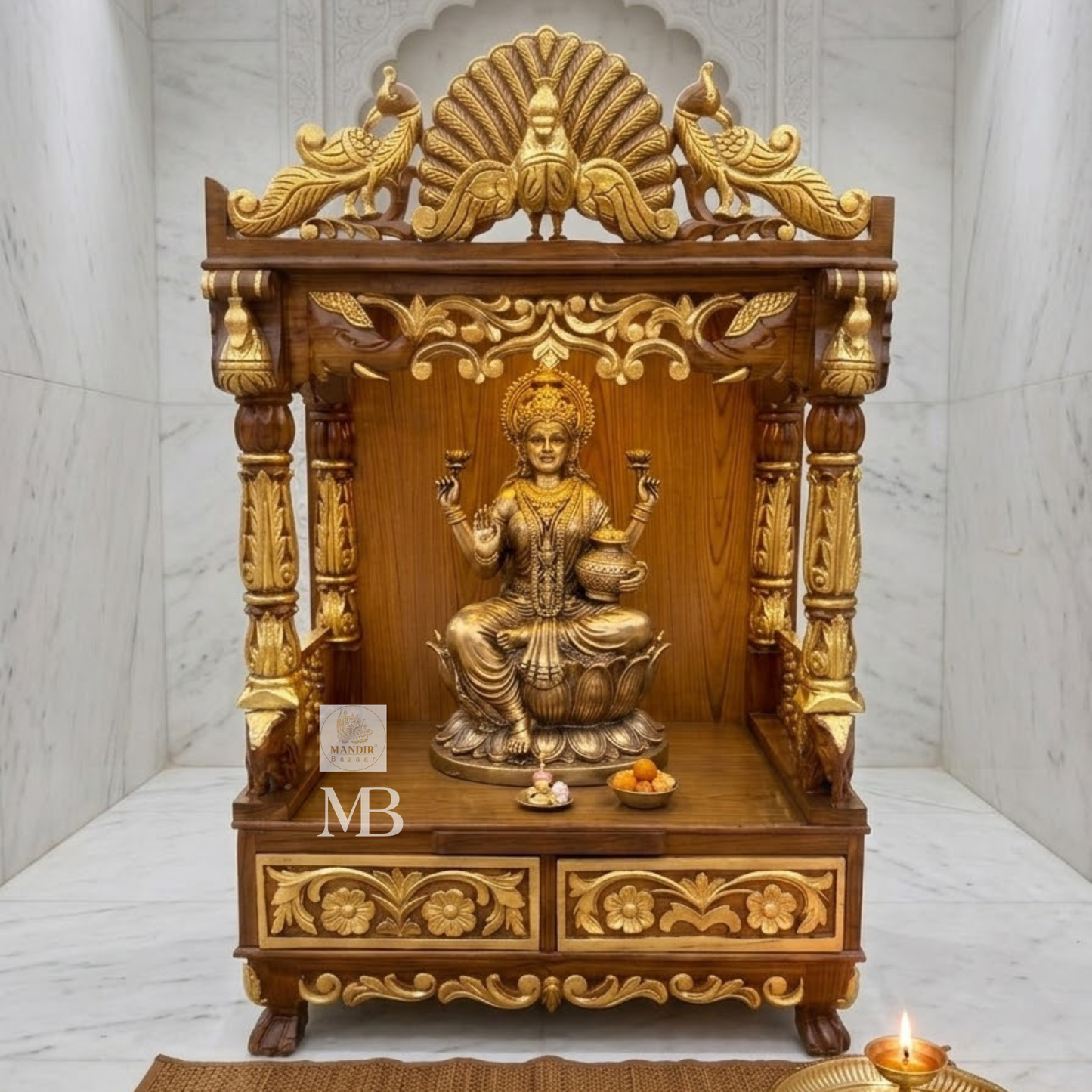 Brown and gold wooden home temple with intricate peacock carving, floral details and carved pillars