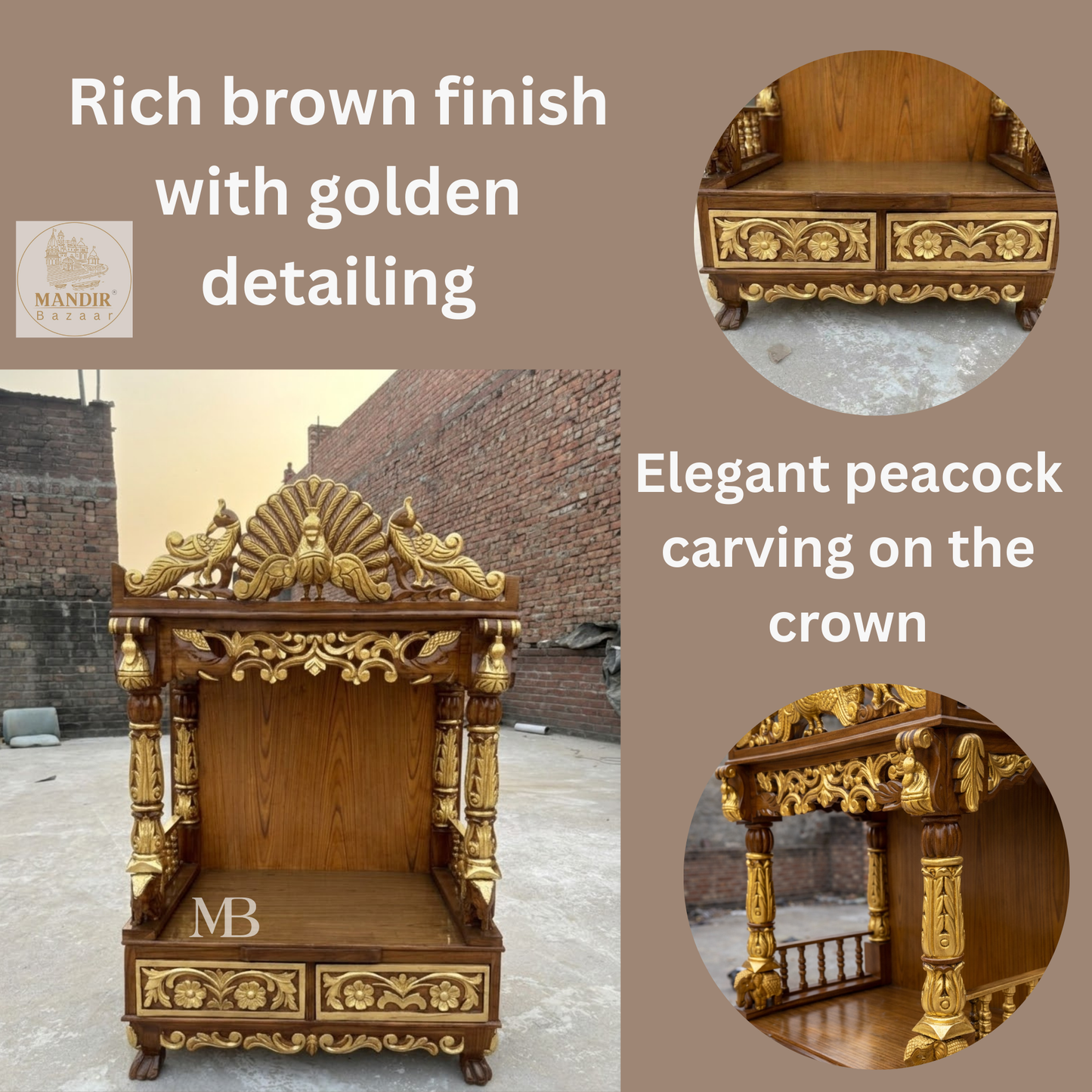 Brown and gold wooden home temple with intricate peacock carving, floral details and carved pillars