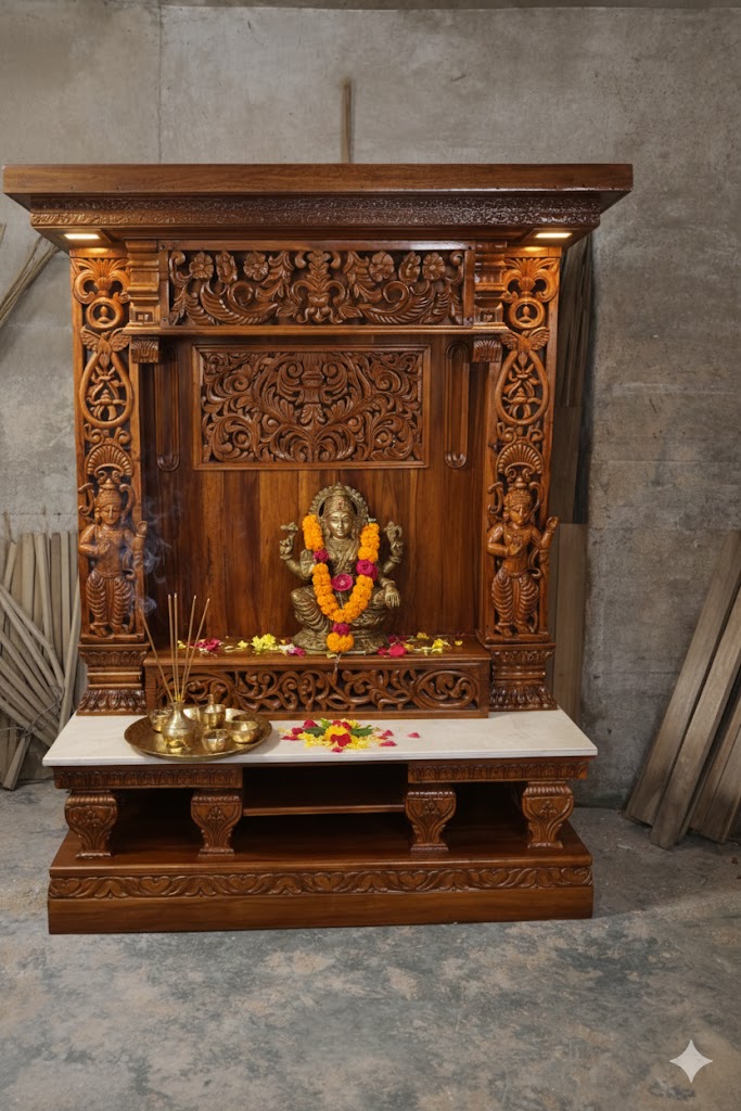 Hand carved wooden pooja mandir with intricate floral carvings, deity figures, marble-look platform and warm LED lights
