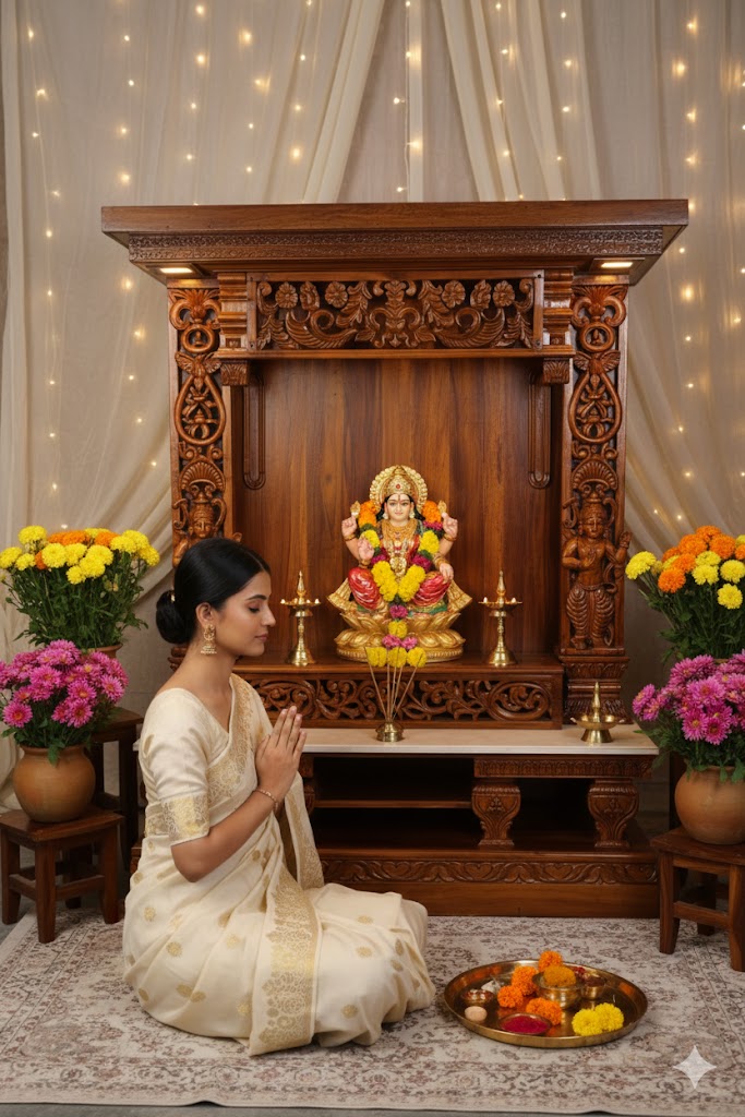 Hand carved wooden pooja mandir with intricate floral carvings, deity figures, marble-look platform and warm LED lights