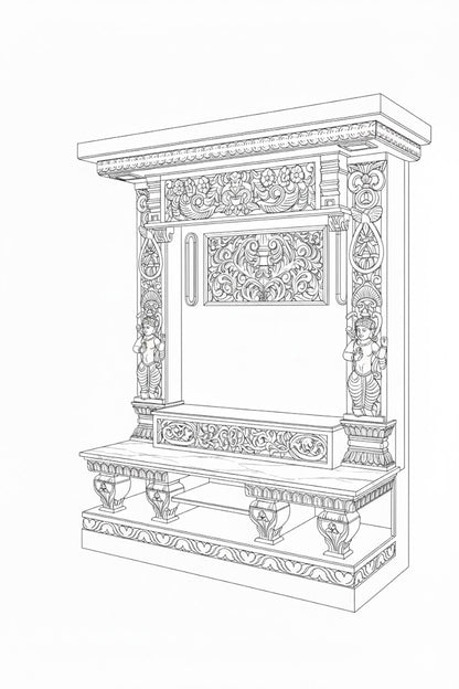 Hand carved wooden pooja mandir with intricate floral carvings, deity figures, marble-look platform and warm LED lights