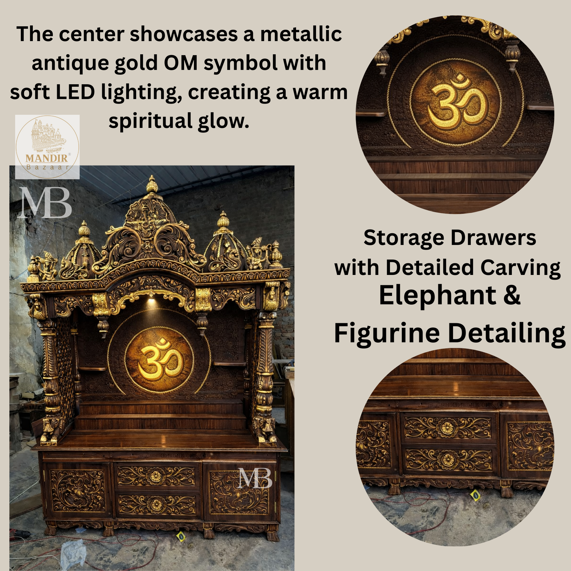 Large luxury wooden mandir for home with spacious prayer platform and storage