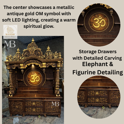 Large luxury wooden mandir for home with spacious prayer platform and storage