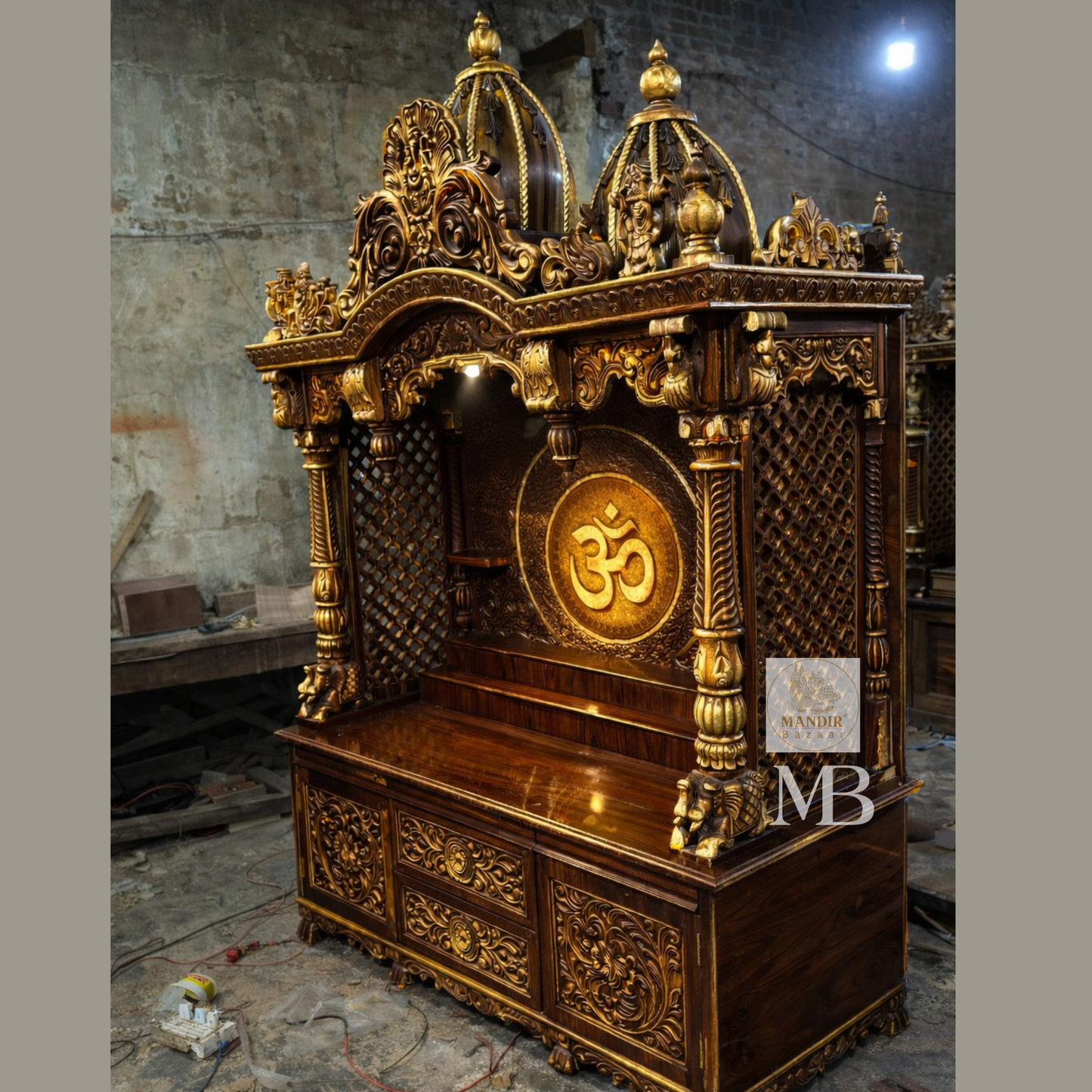  dark brown wooden mandir for home with intricate carved details