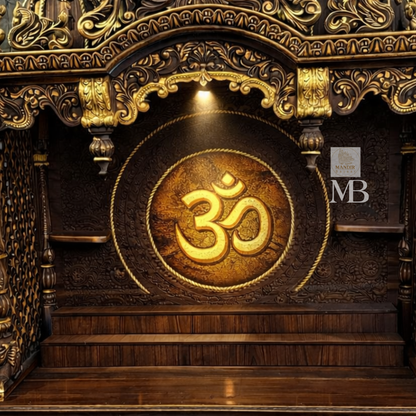 Luxury Om wooden temple with antique gold carved accents