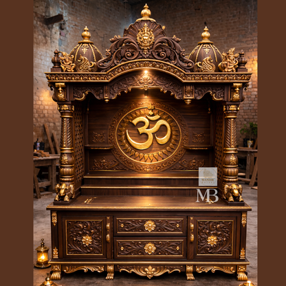 Grand handcrafted wooden mandir with ornate pillars and decorative crown