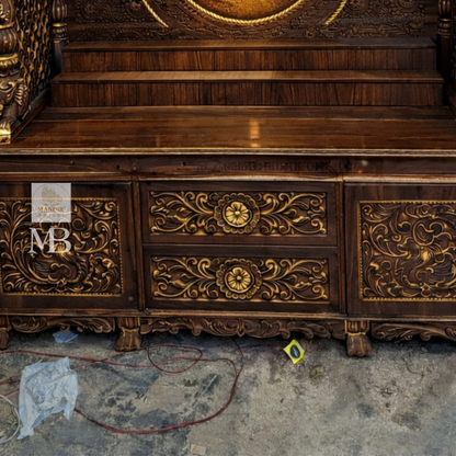 Carved wooden Hindu temple with traditional shikhar and ornamental details