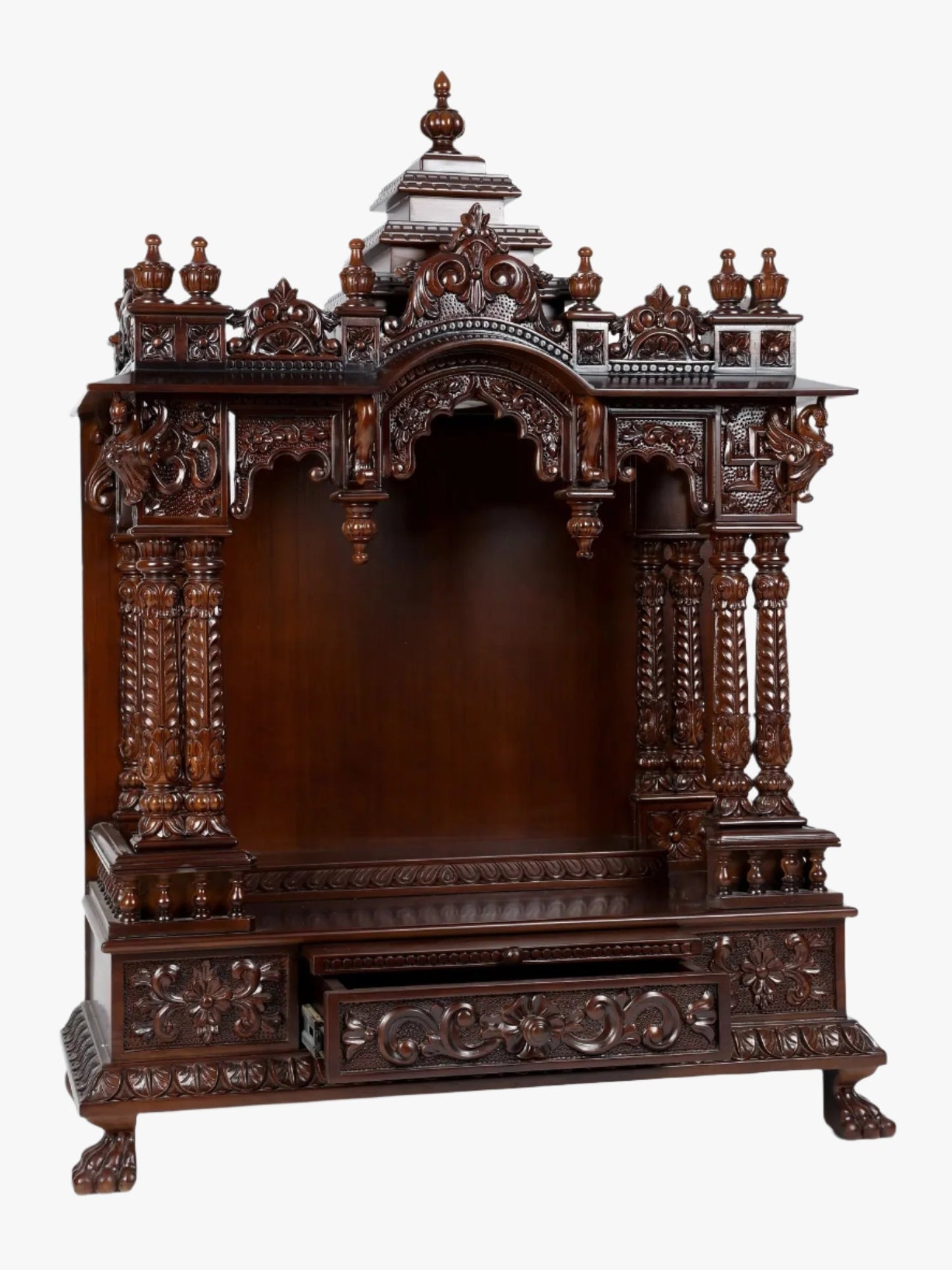 Traditional carved wooden mandir for home pooja room