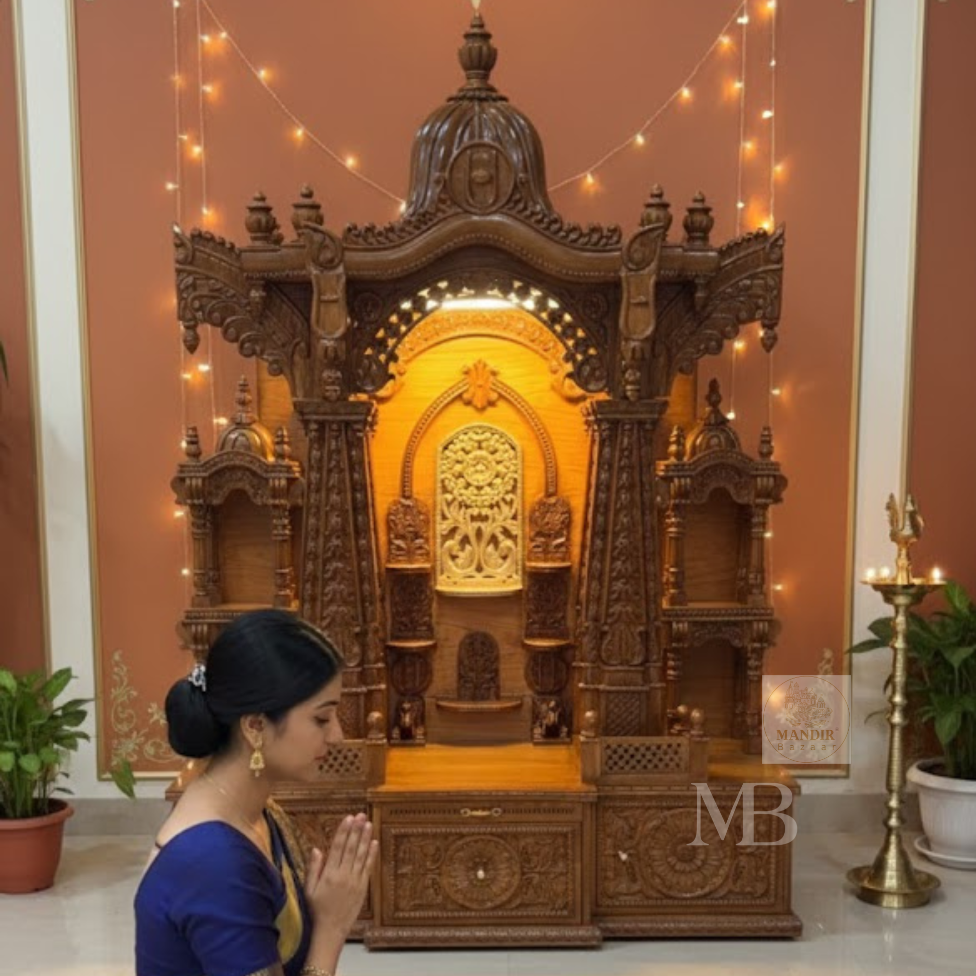 Large 6 feet wooden home temple with ornate carved crown