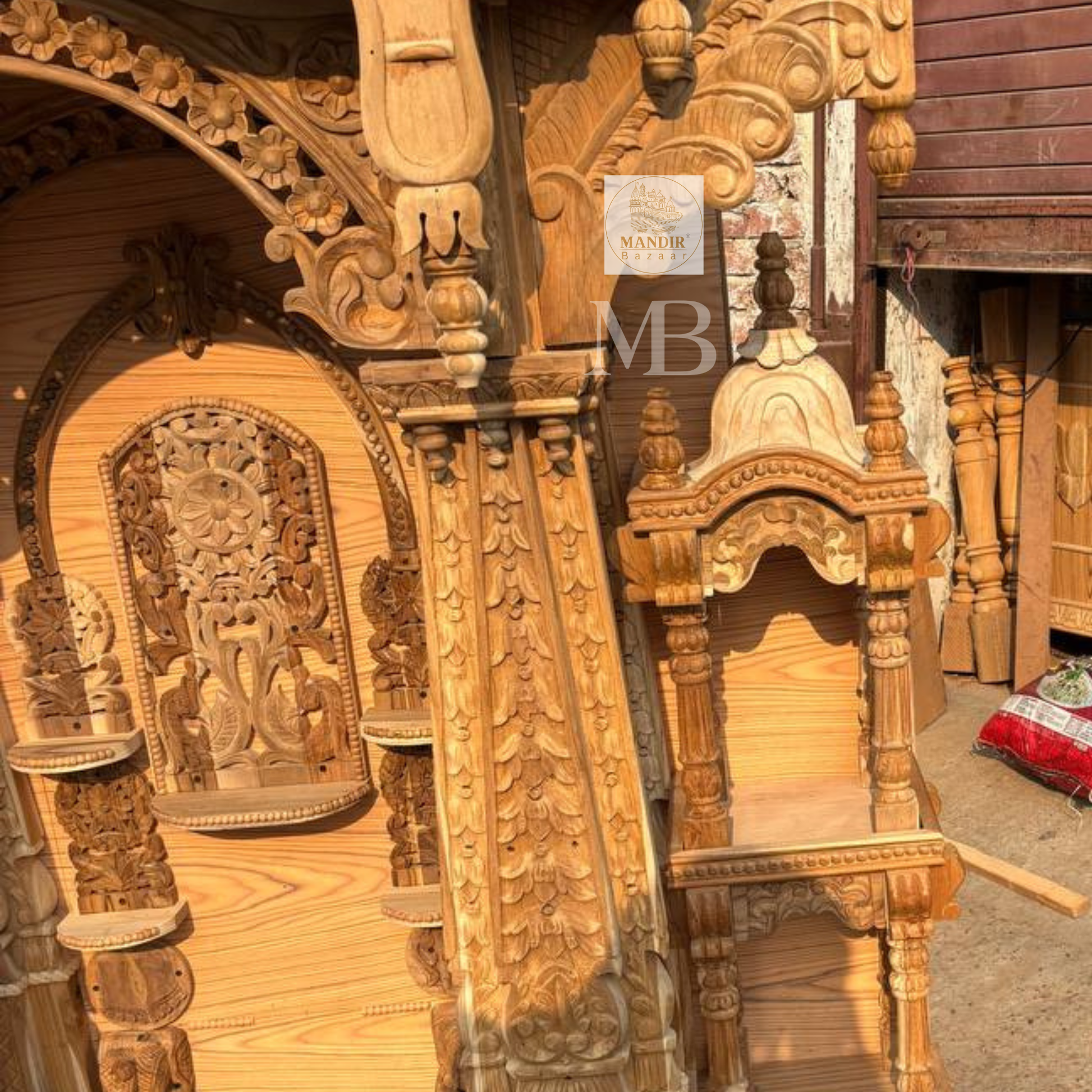 Hand carved wooden Hindu temple for home with natural wood finish