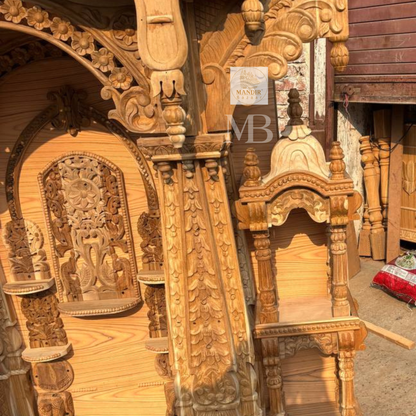 Hand carved wooden Hindu temple for home with natural wood finish