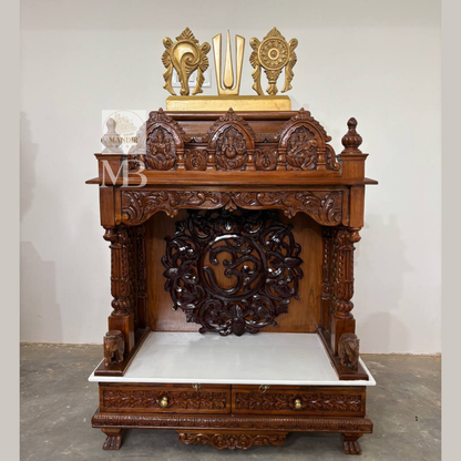 Handcrafted wooden pooja mandir for home with traditional carvings and Om design