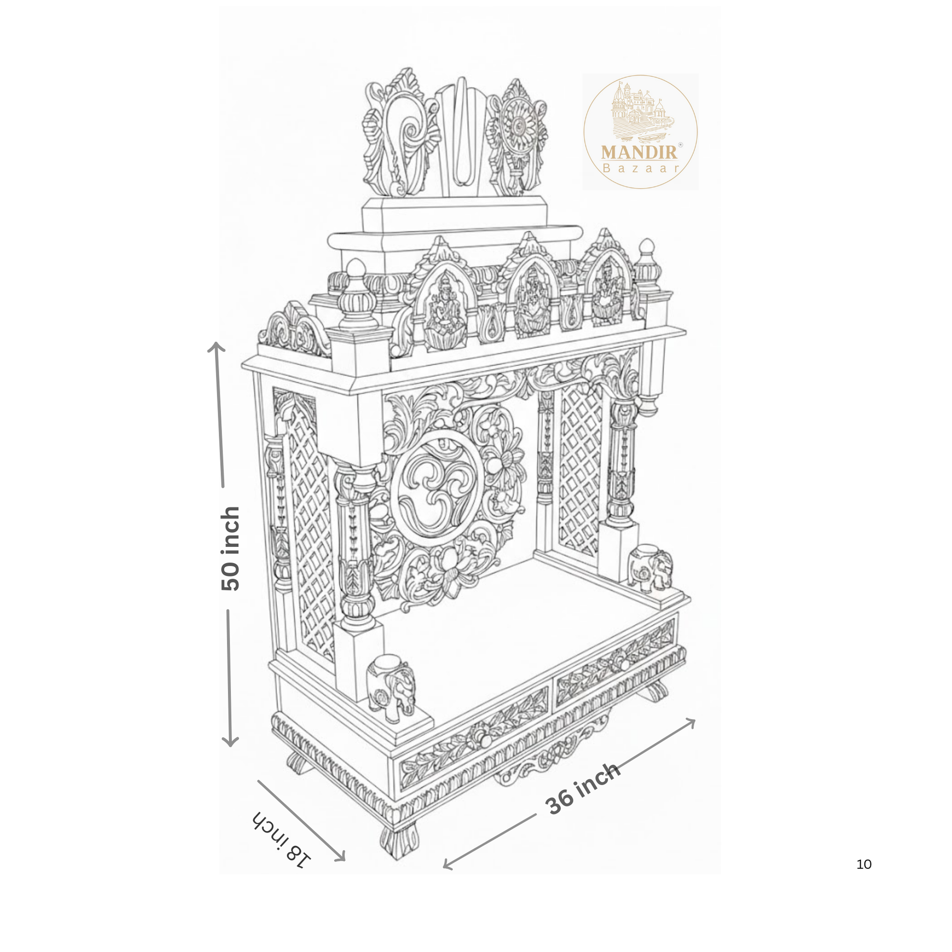 Traditional wooden home temple with carved pillars and decorative deity panels