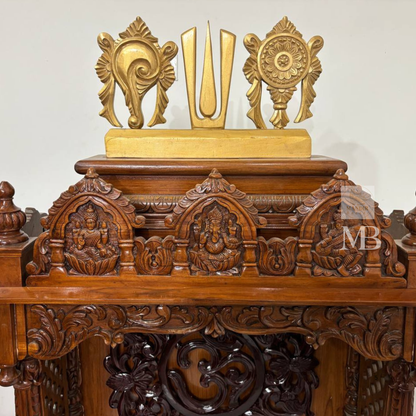 Spacious prayer platform of handcrafted wooden home temple
