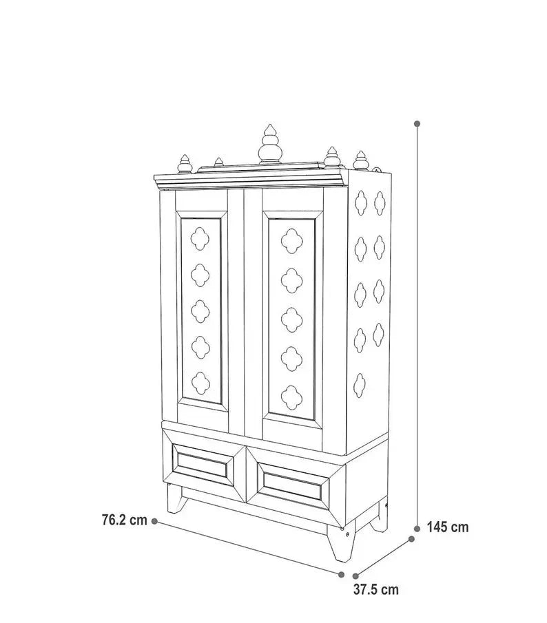 Wooden mandir with decorative flower cut-out shutters