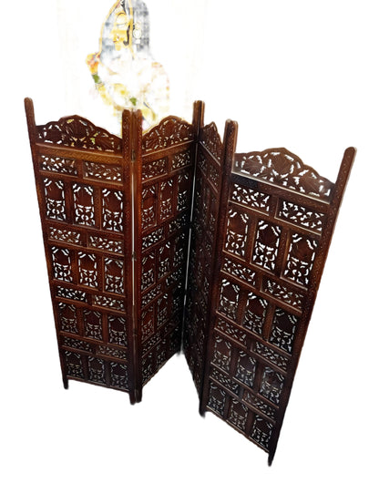 Wooden Divider Carved 4 Panel Wooden Partition Screen , Room Divider , Hand Polished Wooden Screen , Vintage Folding Screen , Hand Made.